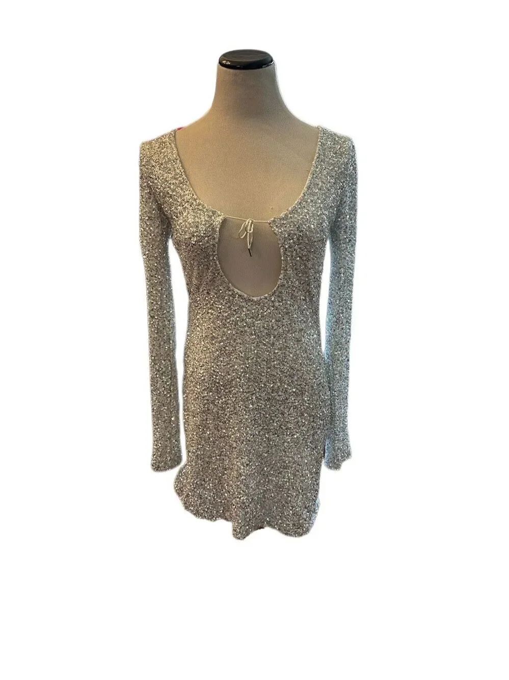 Peppermayo Silver Sequin Long Sleeve Mini-Dress Sz M/L